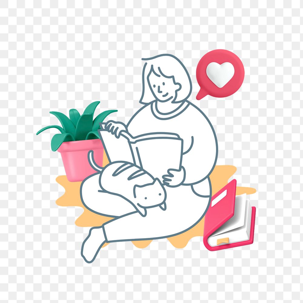 Doodle woman reading png, transparent background