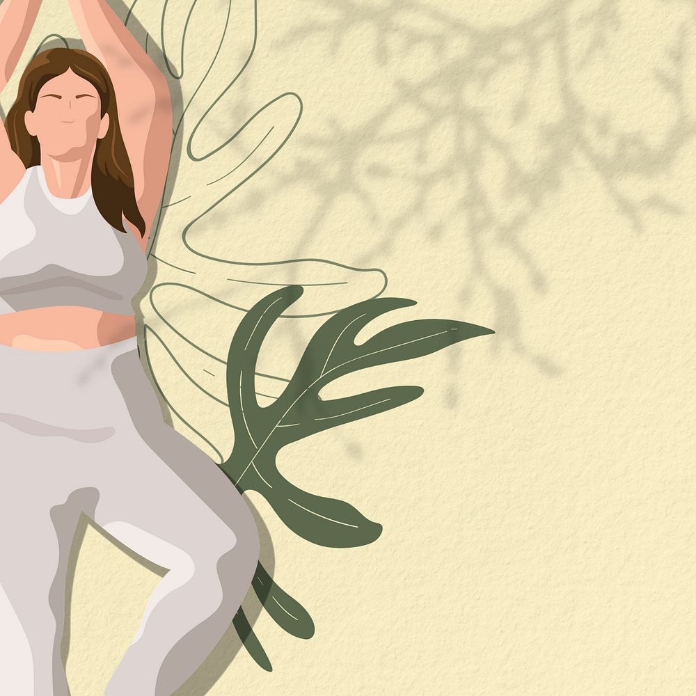 Woman leaf aesthetic yoga yellow background, tree pose, editable design