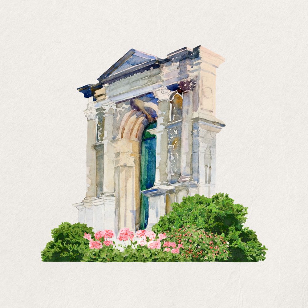 Watercolor building entrance, editable remix design