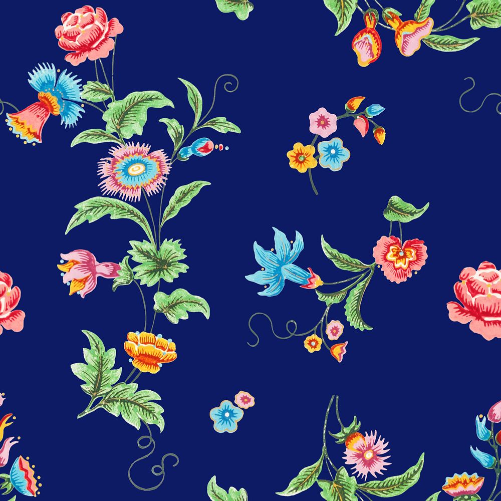 Vintage colorful flower pattern, blue background
