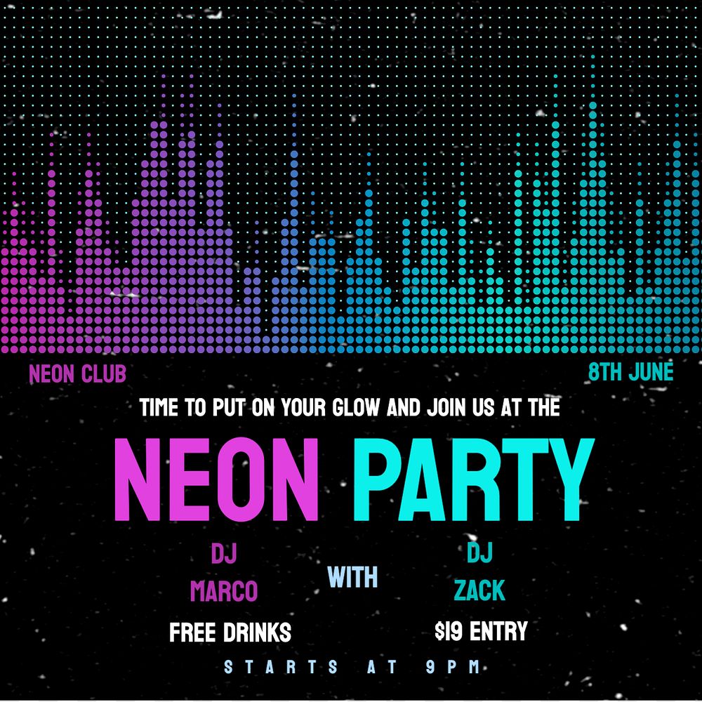 Neon party Instagram post template, editable text