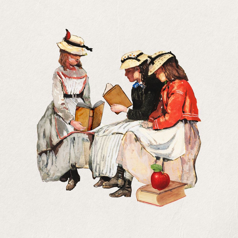 Watercolor young women reading books, editable remix design