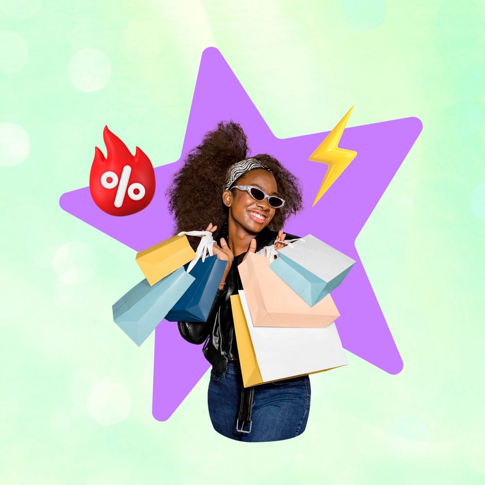 Woman shopping, discount 3d remix, editable design