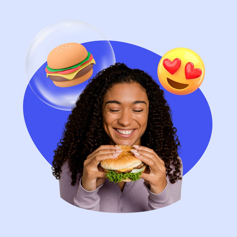 Woman eating burger 3d remix, editable design