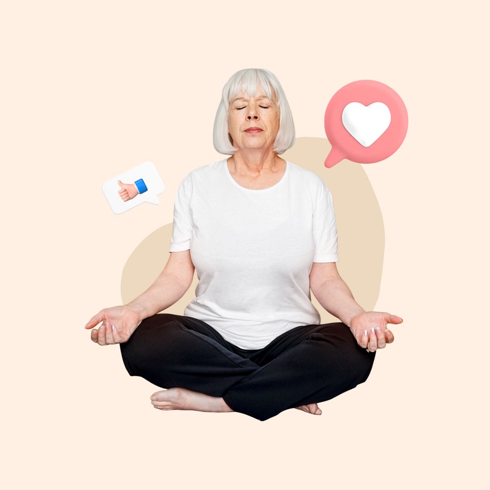 Meditation, senior woman 3d remix, editable design