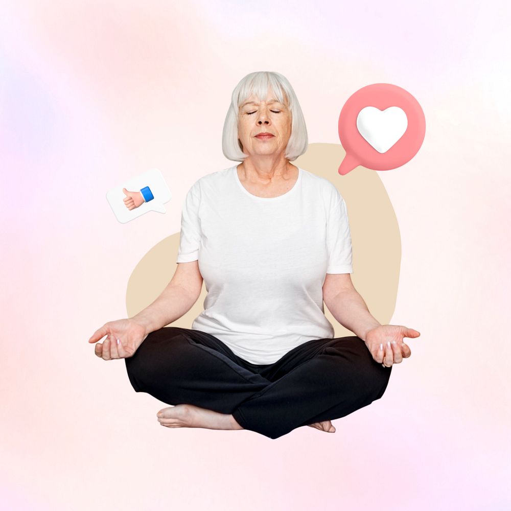 Meditation, senior woman 3d remix, editable design