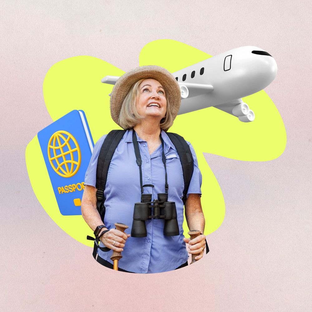 Retired woman, travel 3d remix, editable design
