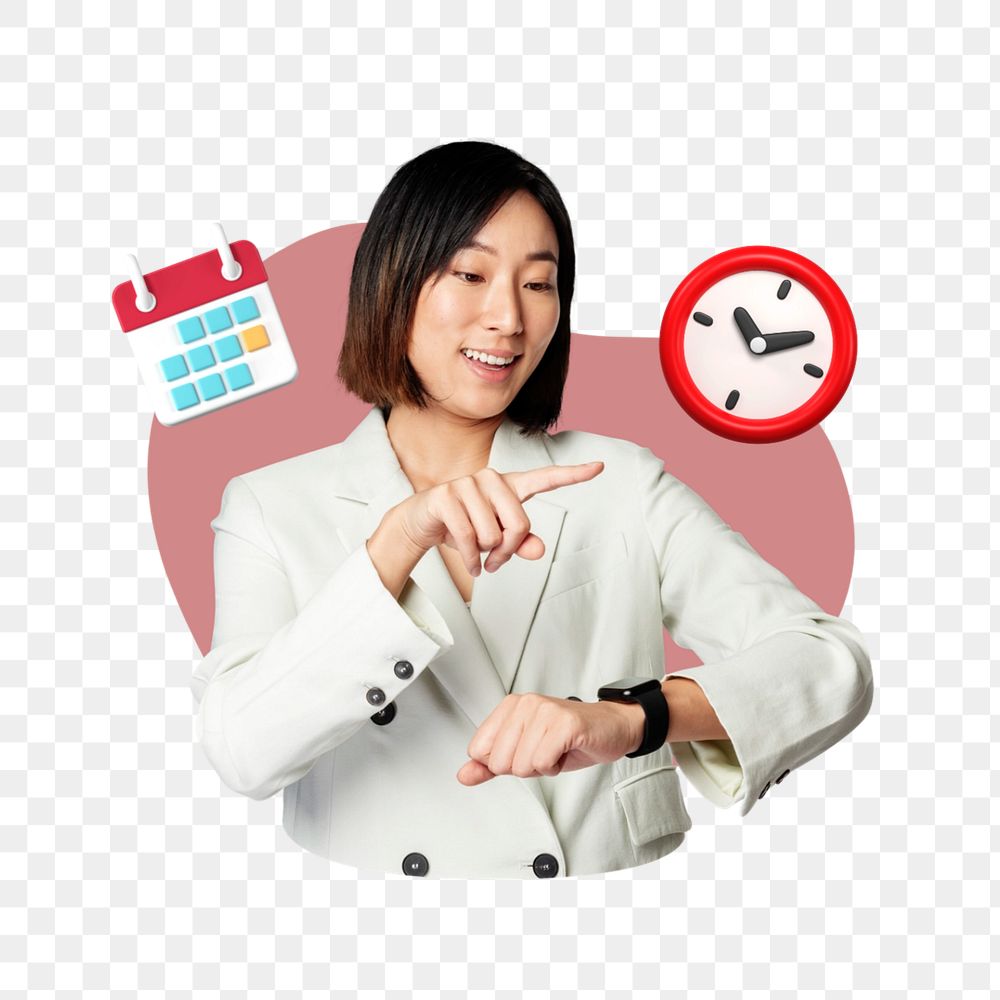 Businesswoman using smartwatch png, business hours  editable remix