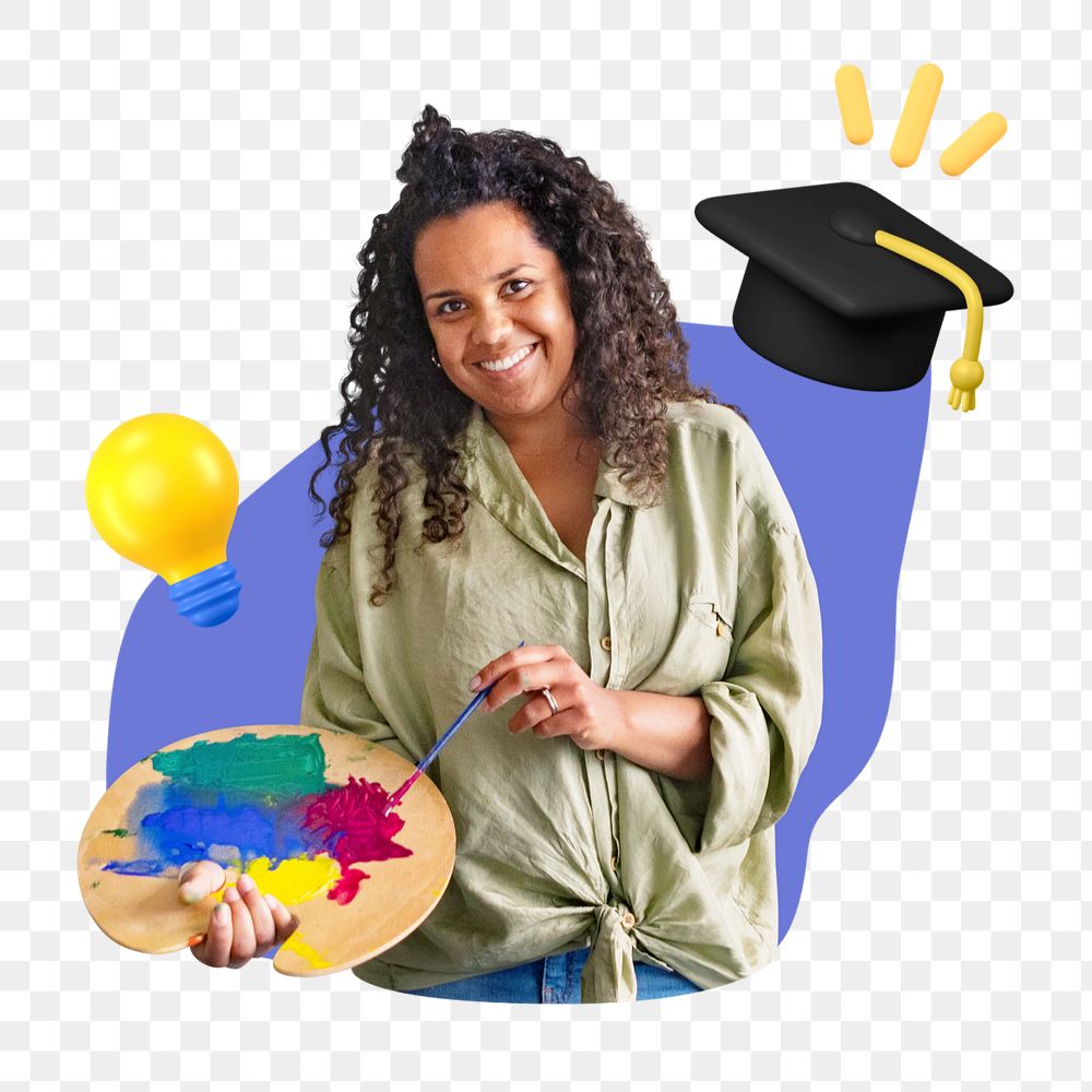 Woman painter smiling png, creative art & education  editable remix