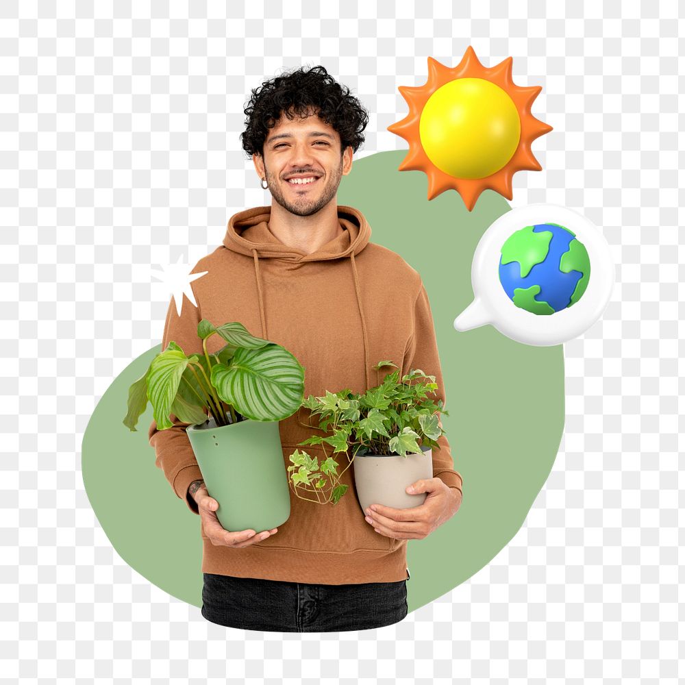 Man holding houseplant png, creative environment  editable remix