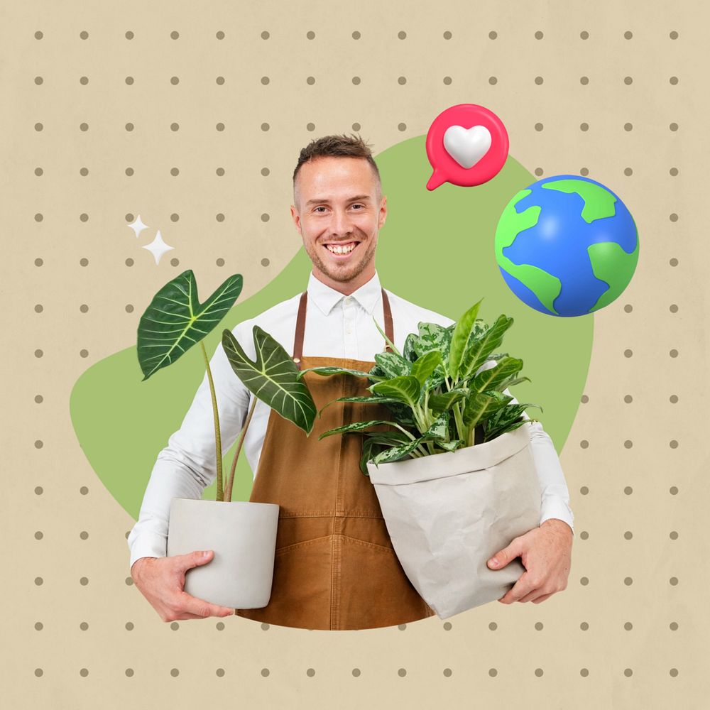 Man holding houseplant, creative environment  editable remix