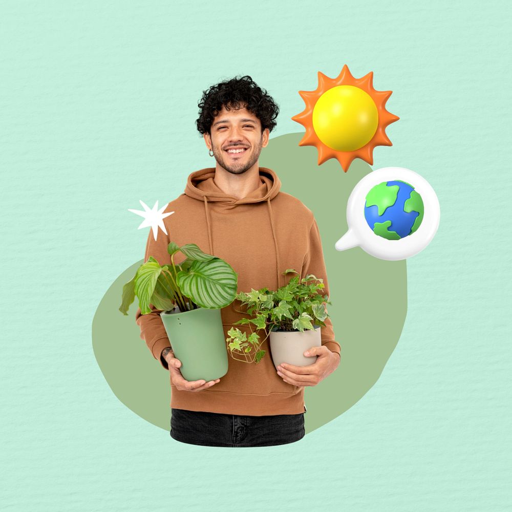 Man holding houseplant, creative environment  editable remix