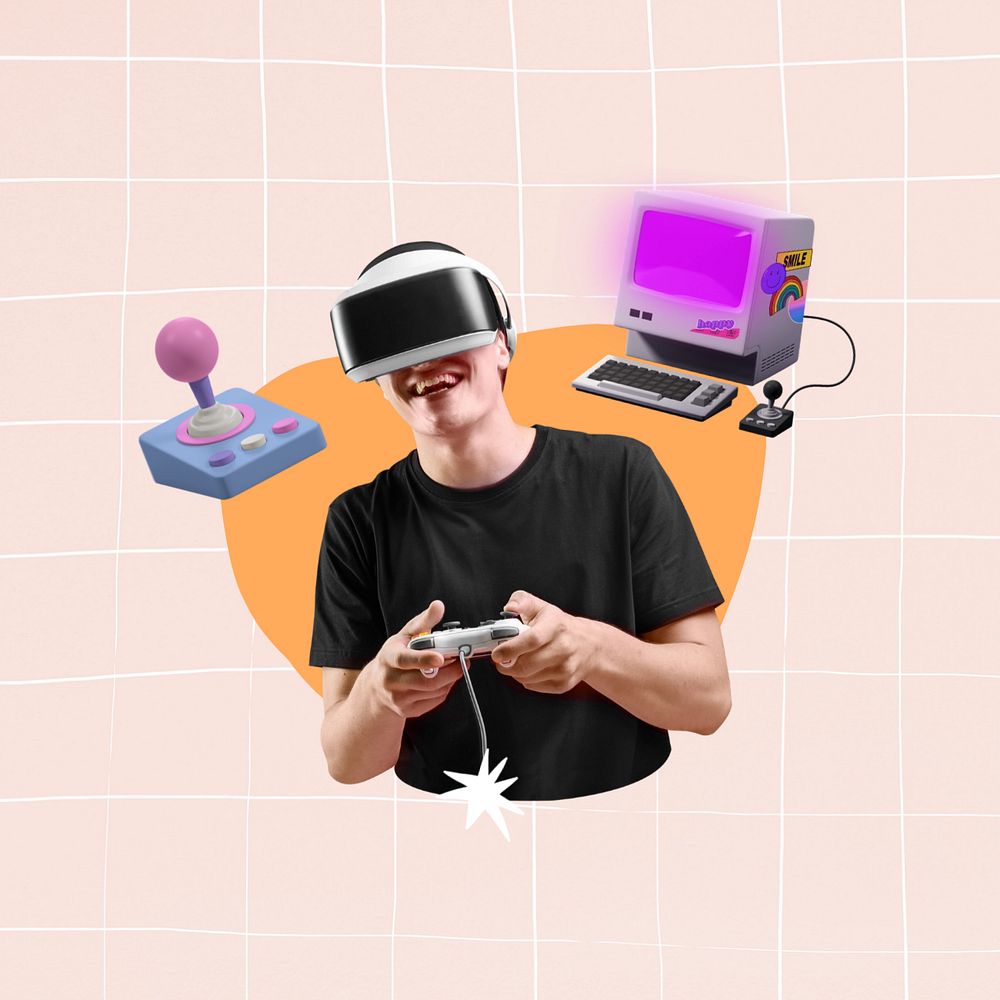 Man playing VR game, creative  editable remix