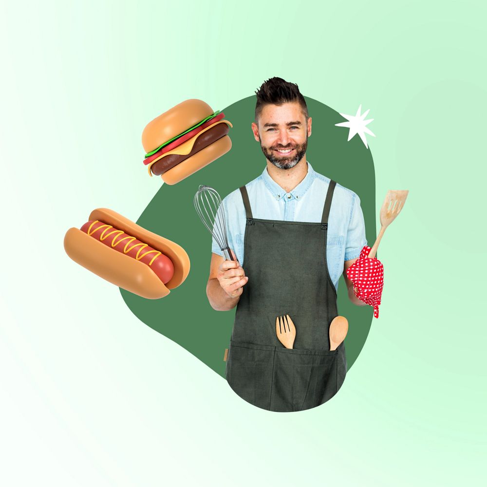 Man wearing apron, creative cooking  editable remix