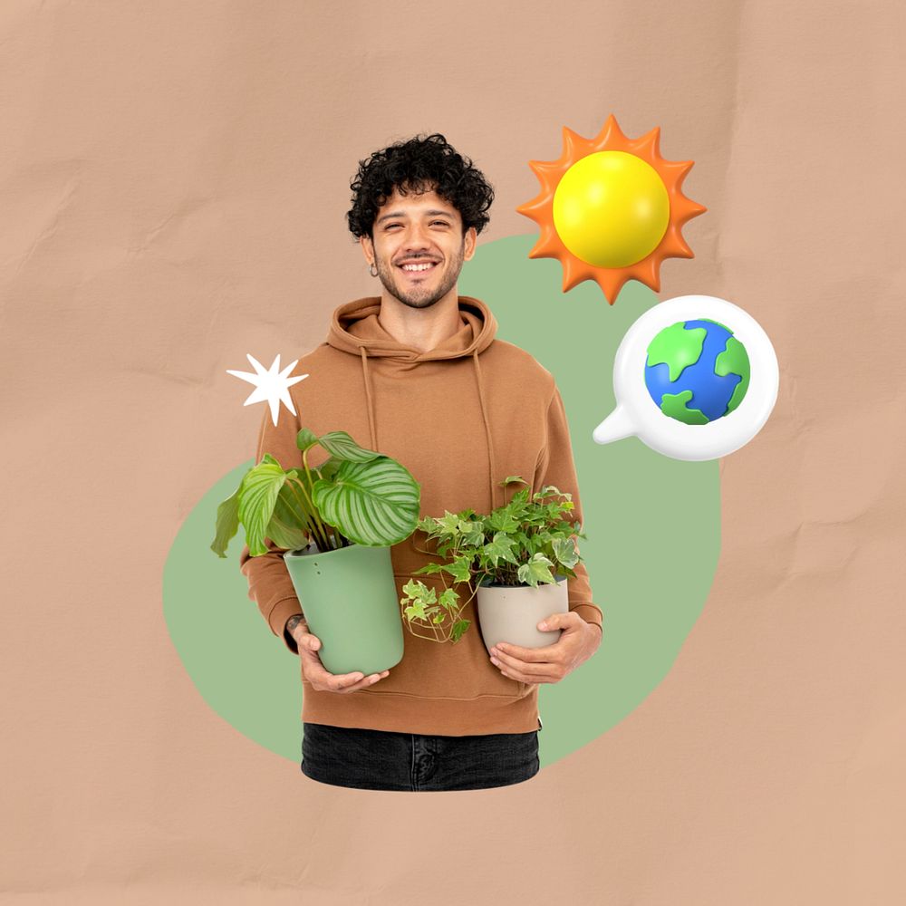 Man holding houseplant, creative environment  editable remix