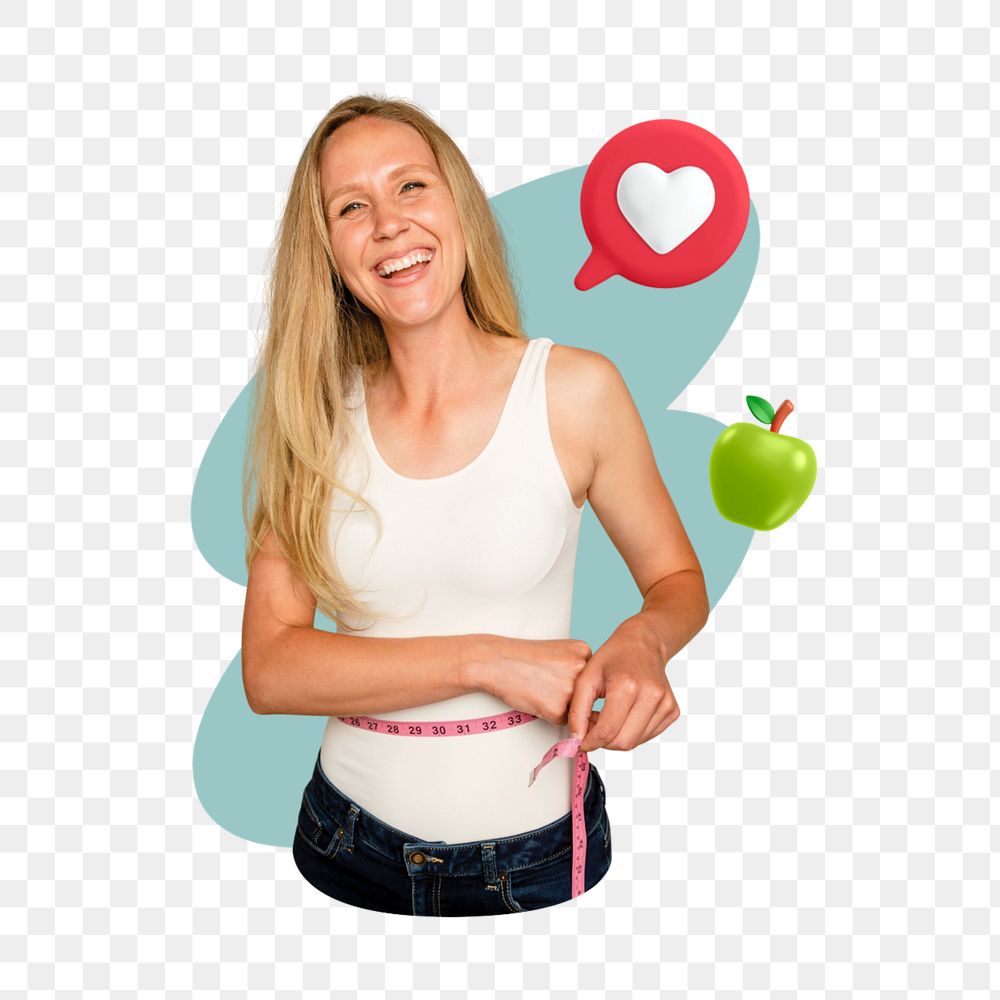 Woman using measuring tape png, diet  editable remix