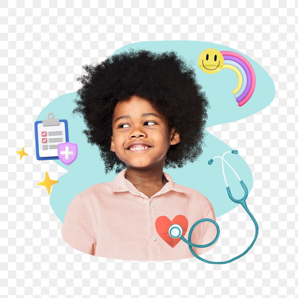 Smiling afro kid png, children's health  editable remix