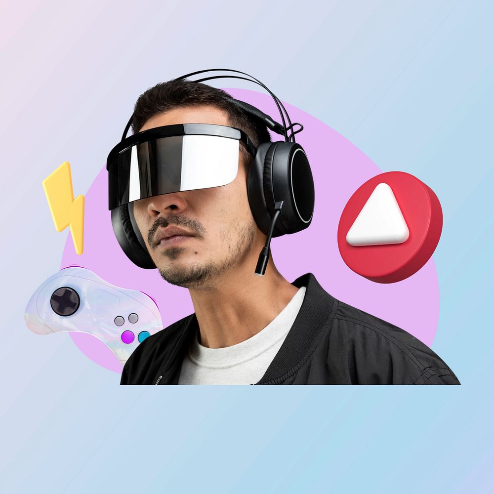 Man wearing smart glasses, creative gaming  editable remix