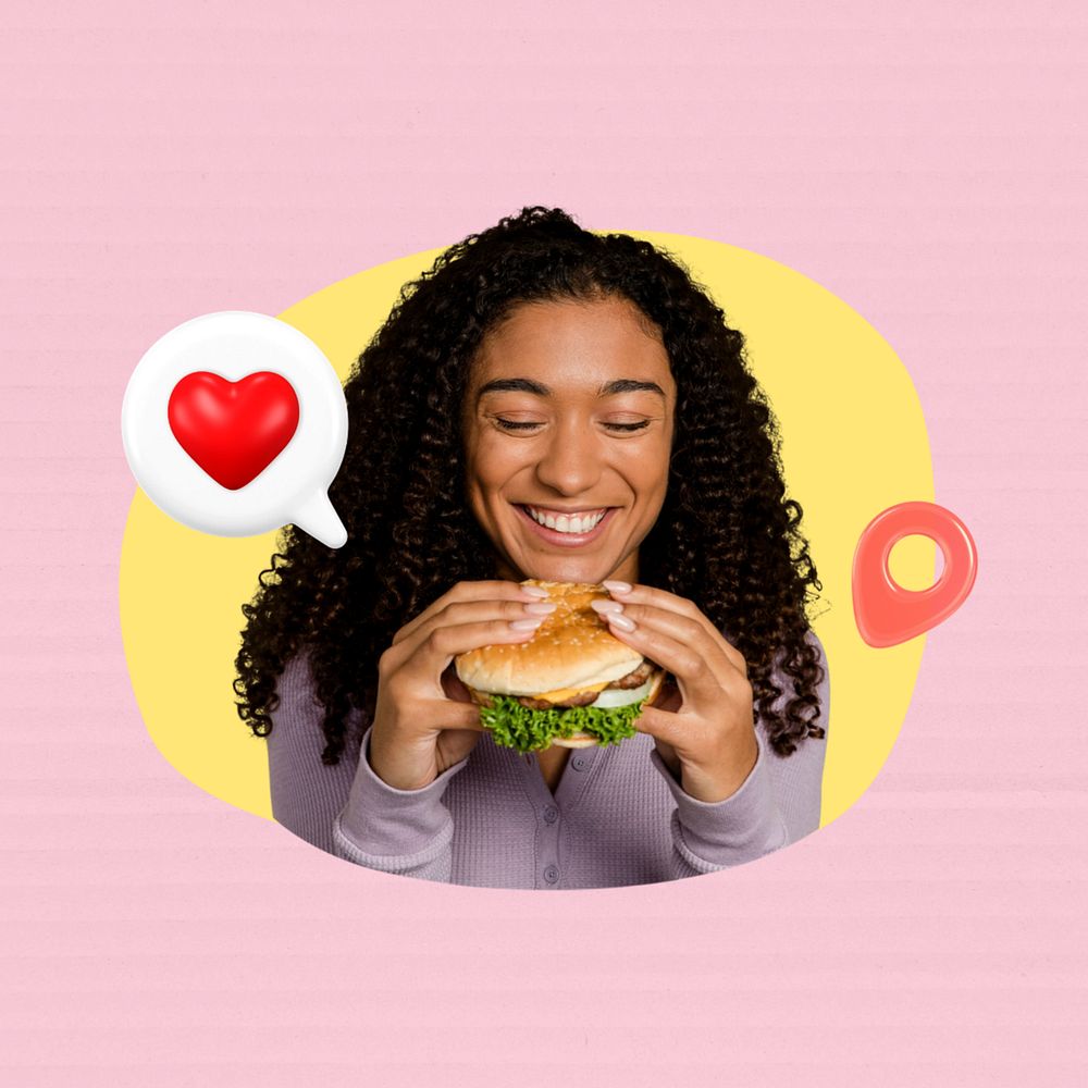 Woman eating burger, creative food  editable remix