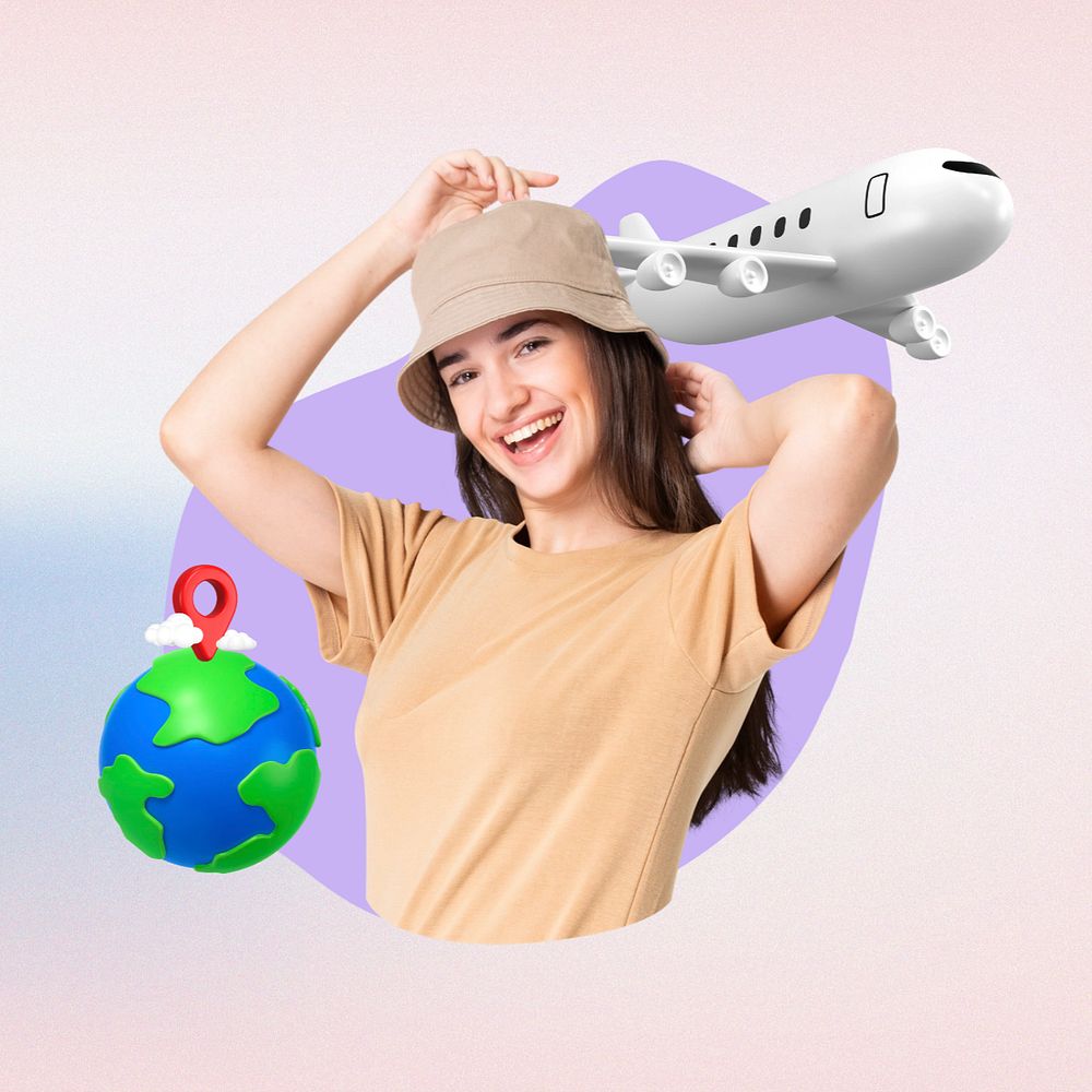 Cheerful tourist woman, creative travel  editable remix