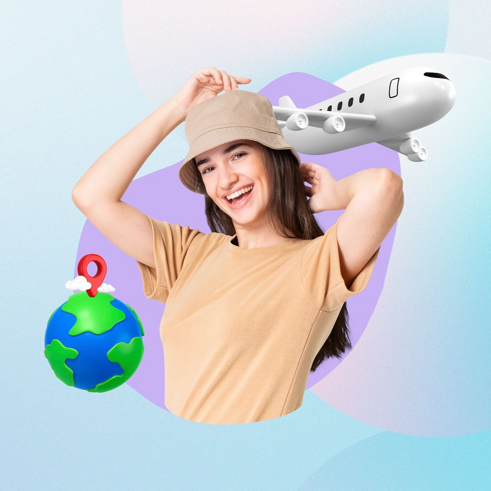 Cheerful tourist woman, creative travel  editable remix