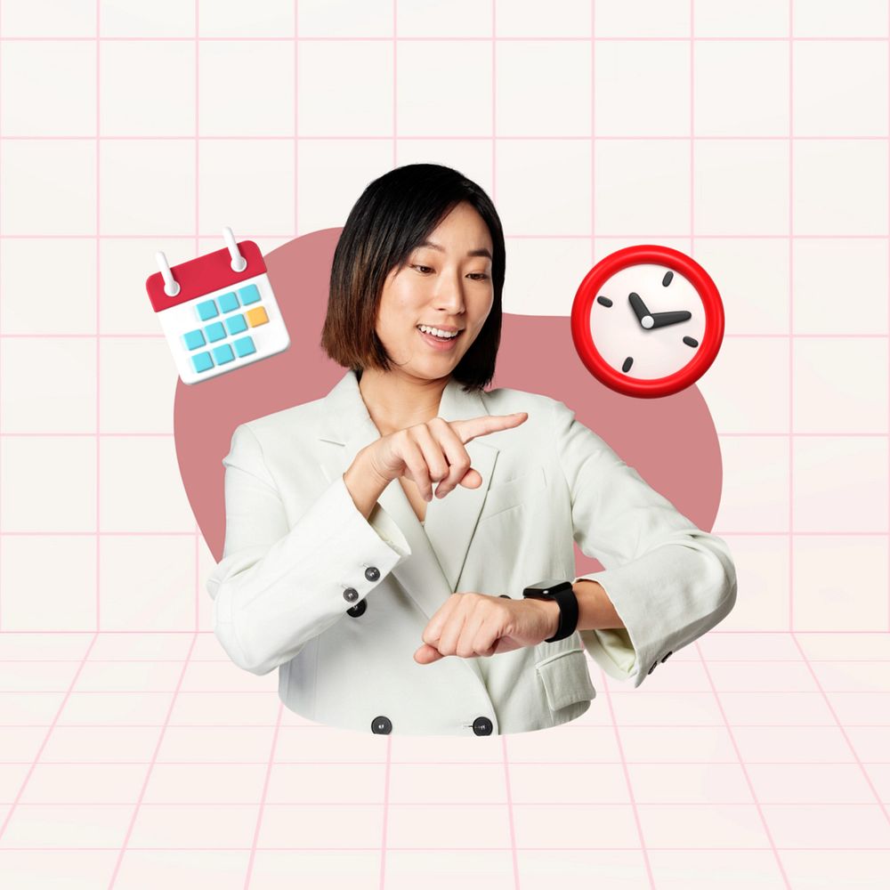 Businesswoman using smartwatch, business hours  editable remix