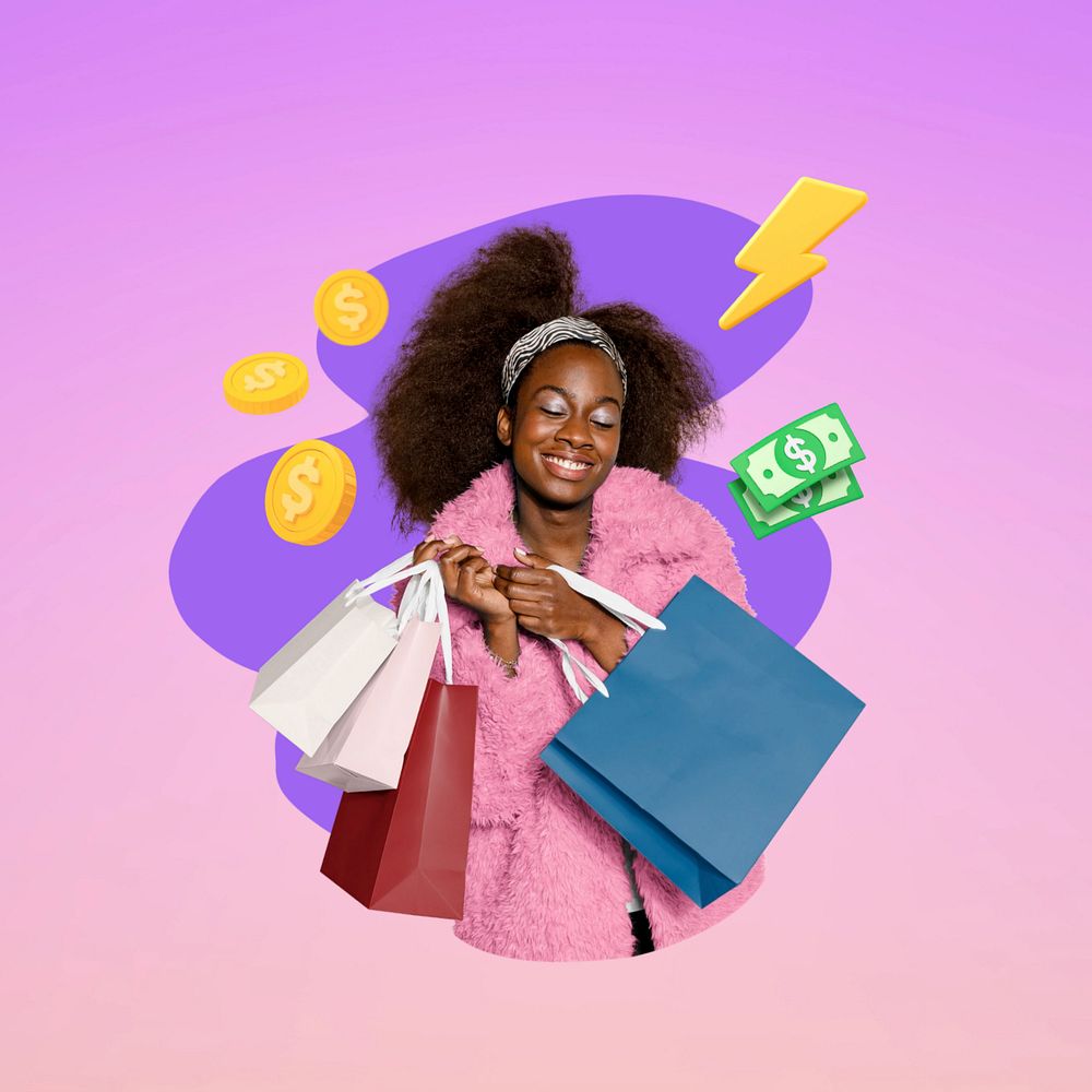 Woman holding shopping bags, creative  editable remix