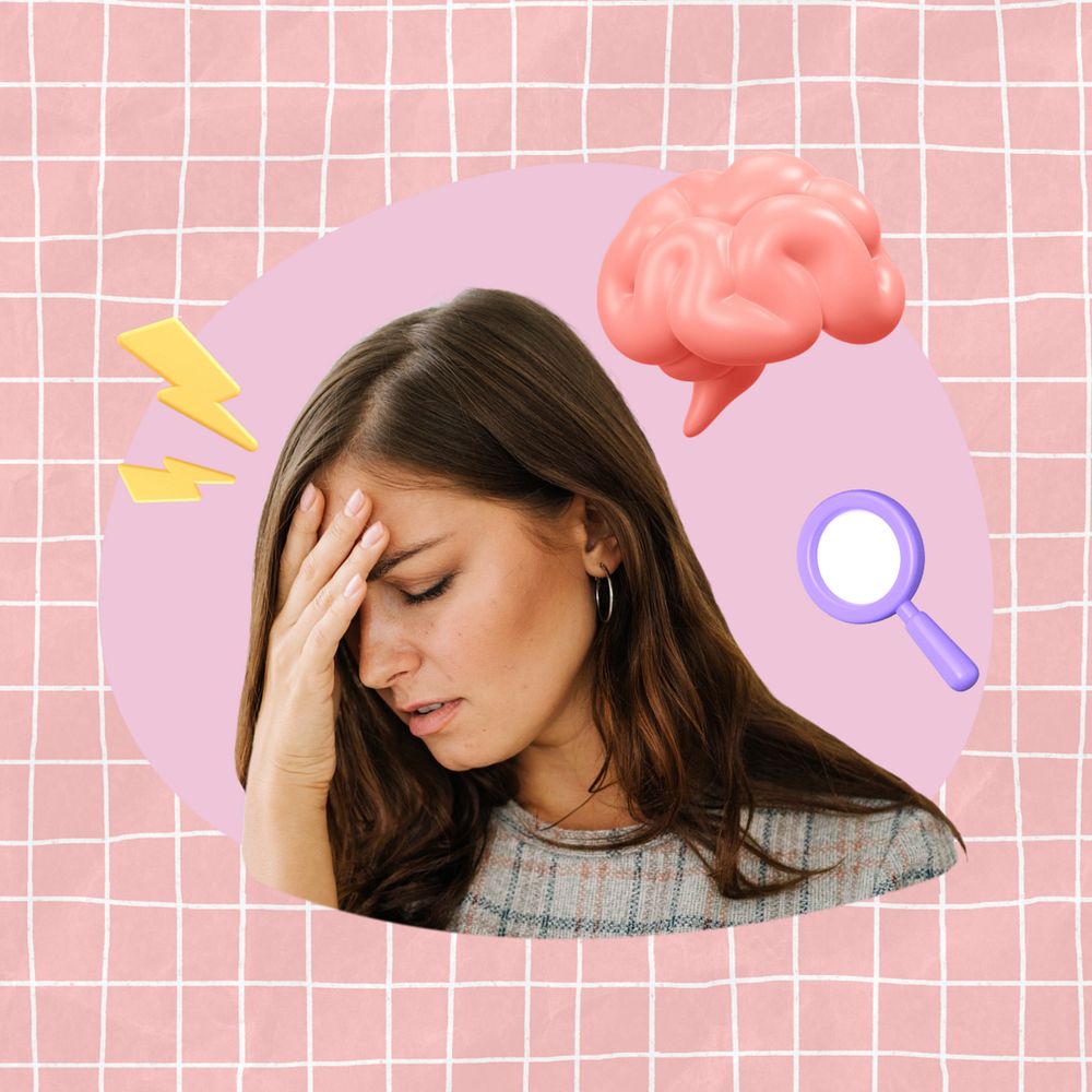 Businesswoman having headache, creative health  editable remix