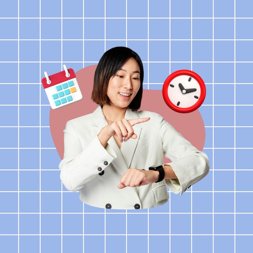 Businesswoman using smartwatch, business hours  editable remix