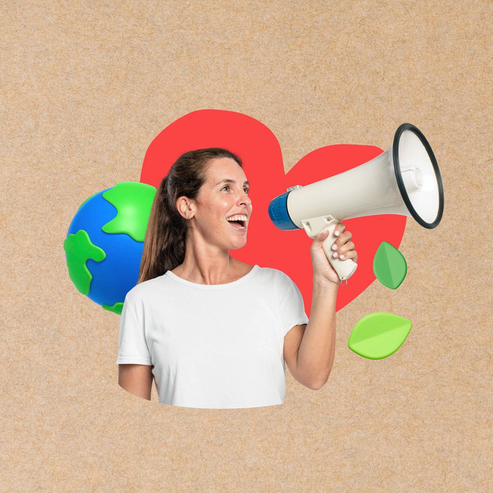 Woman activist holding megaphone, environment  editable remix