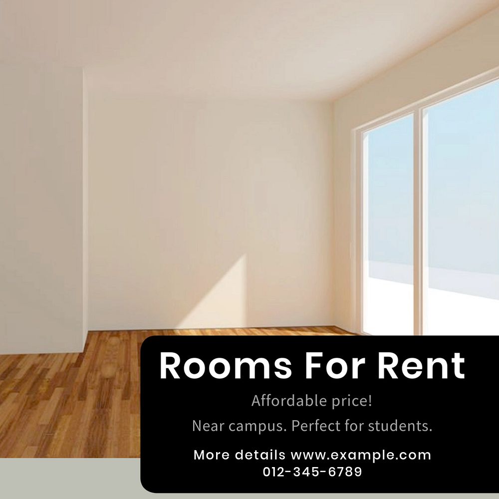 Rooms for rent Instagram post template, editable text