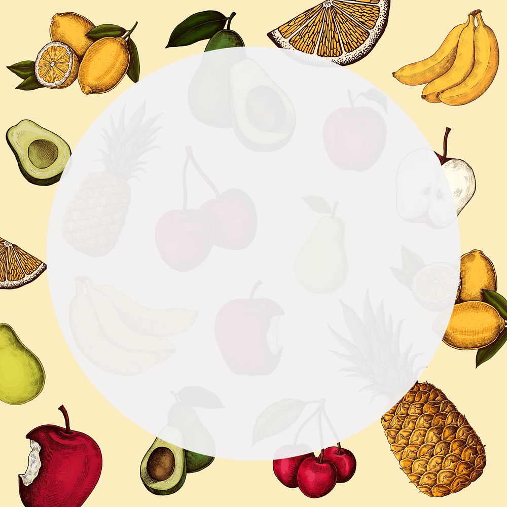 White circle with vintage fruit illustration, editable design