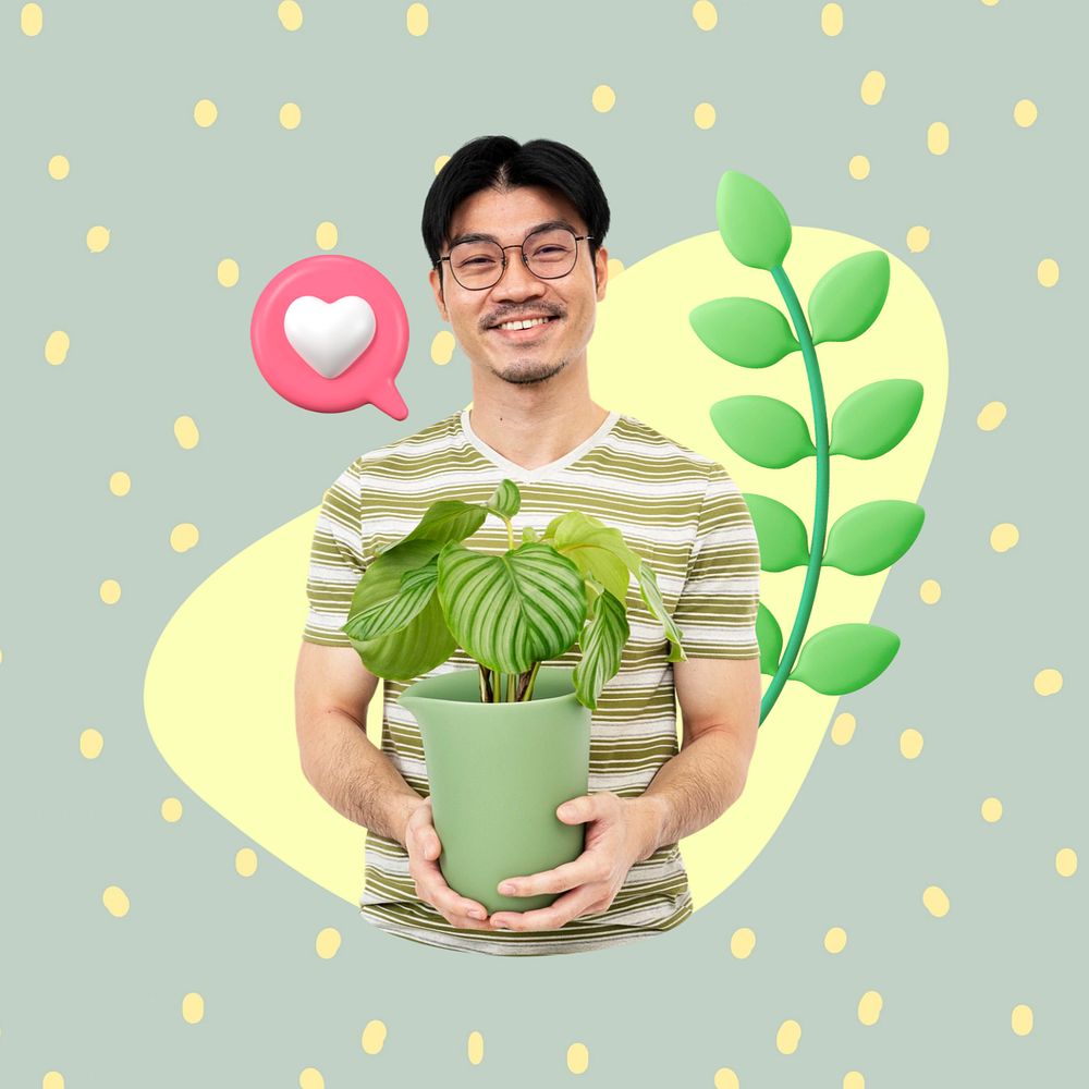 Asian man holding houseplant, hobby  editable remix