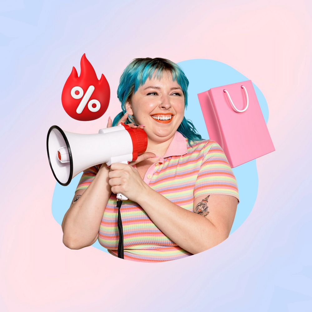 Woman holding megaphone, sale, shopping  editable remix