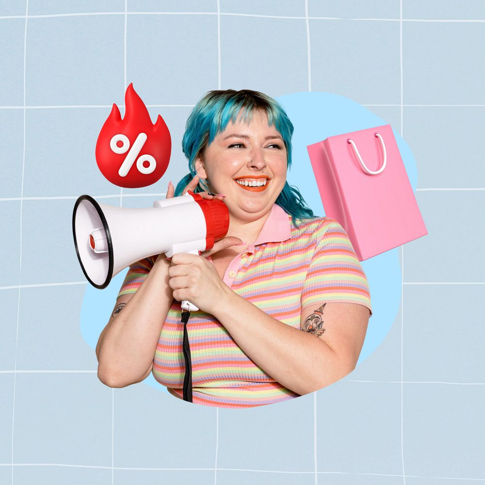 Woman holding megaphone, sale, shopping  editable remix