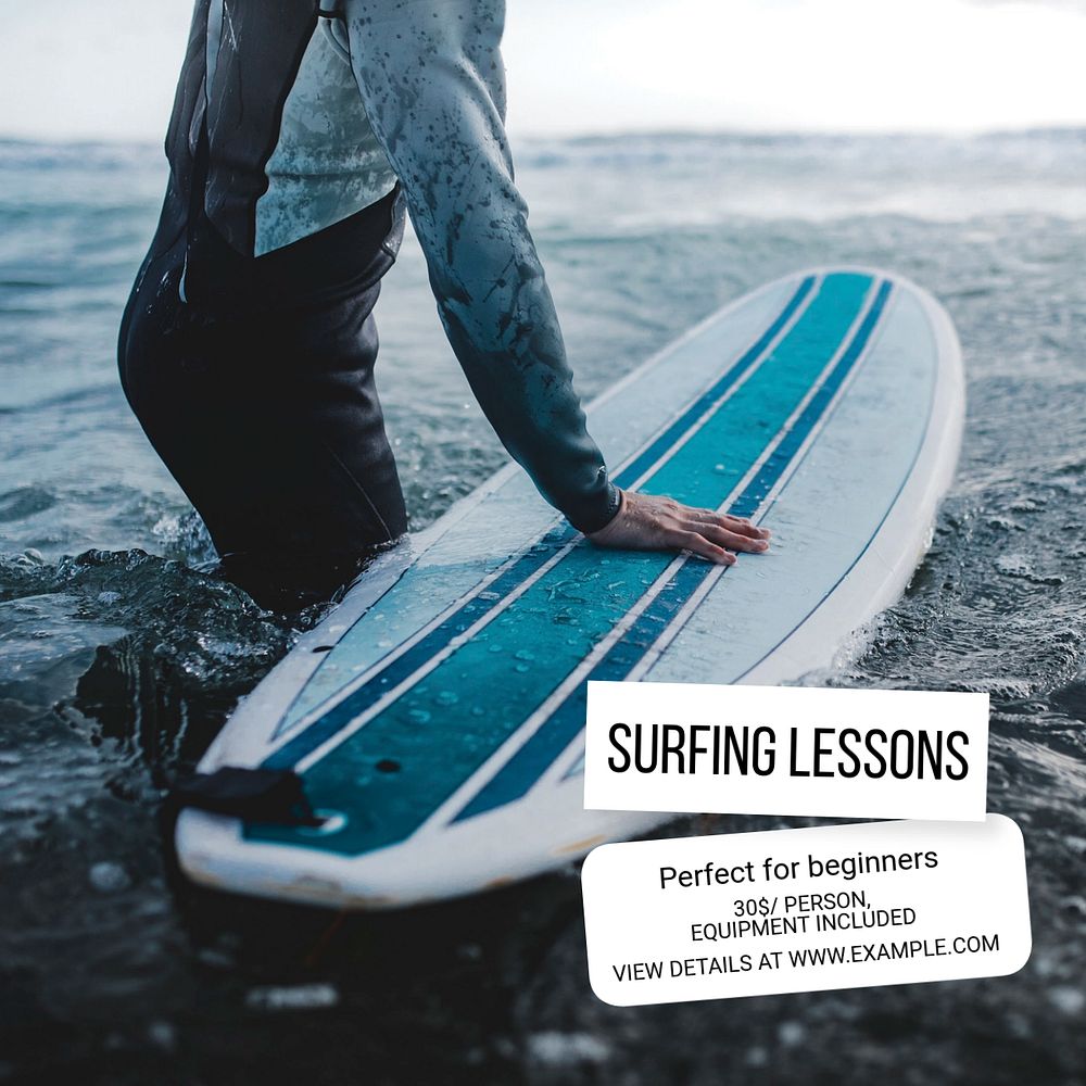 Surfing lessons Instagram post template, editable text