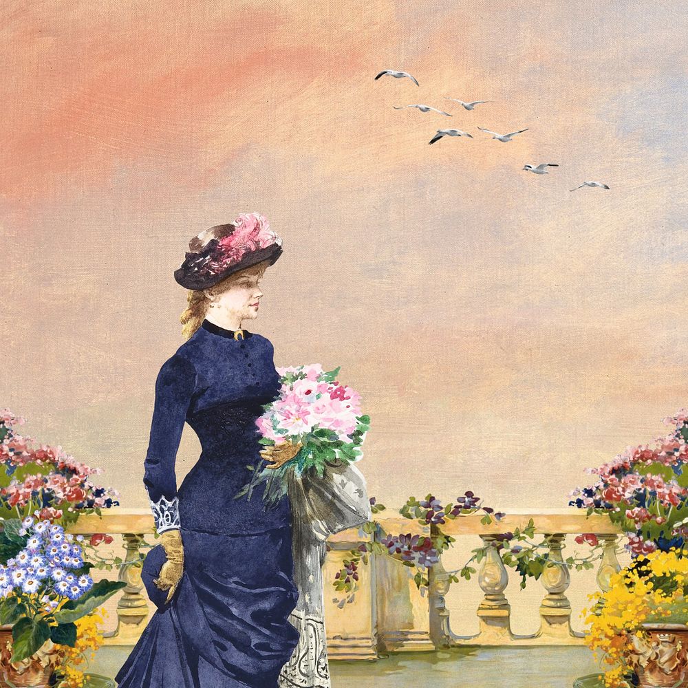 Watercolor Victorian woman at balcony, editable remix design