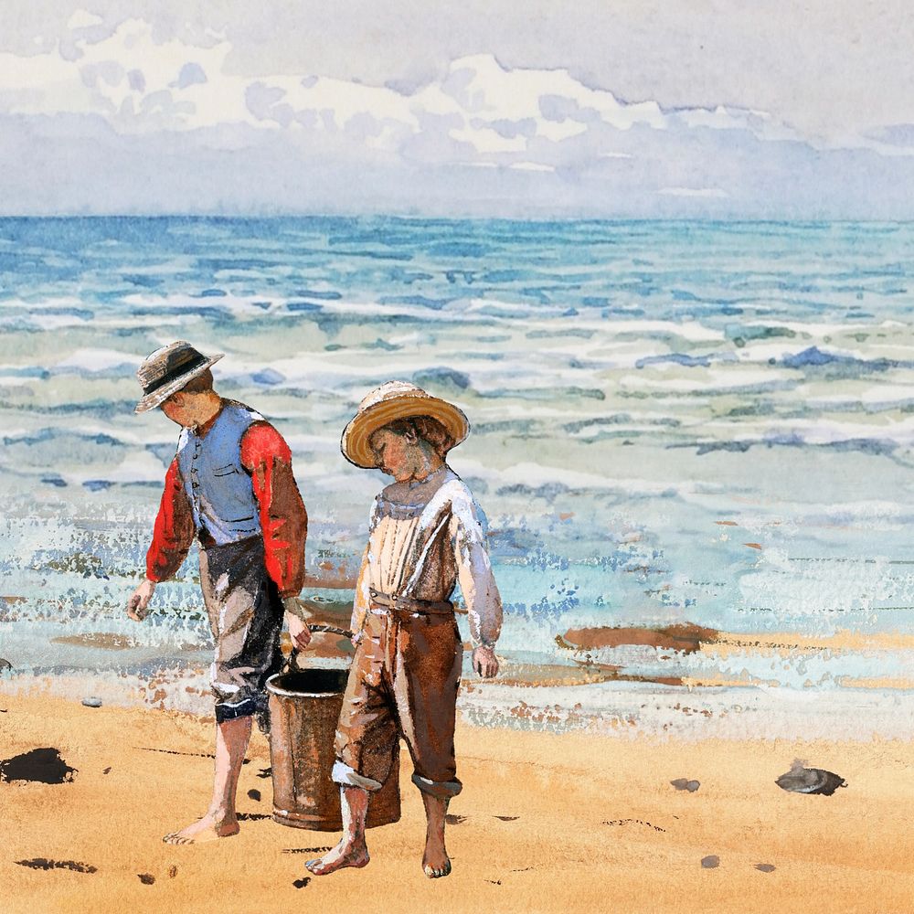 Watercolor boys at beach, editable remix design