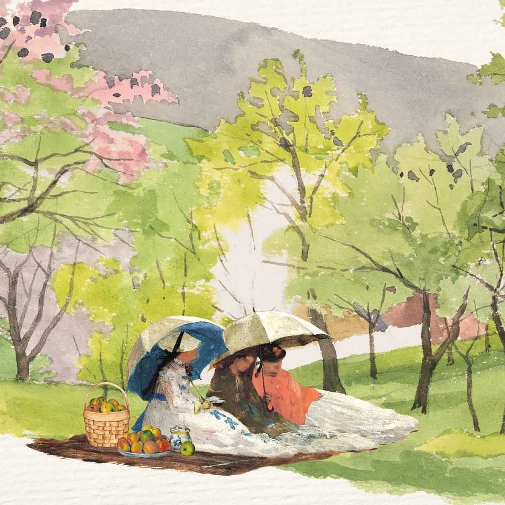 Watercolor girls in a park, editable remix design