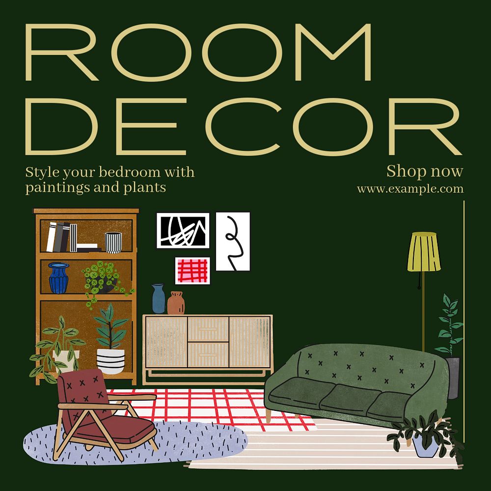 Room decoration Instagram post template, editable text