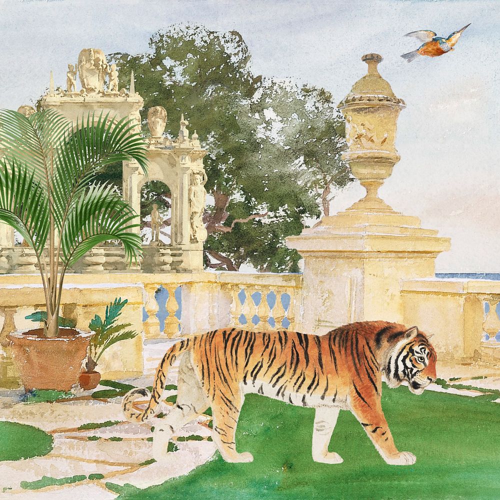 Watercolor tiger on balcony, editable remix design