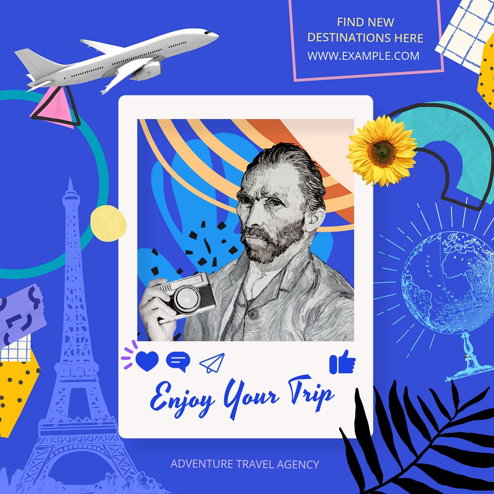 Travel agency Instagram post template, Van Gogh's Self-Portrait, famous artwork, remixed by rawpixel