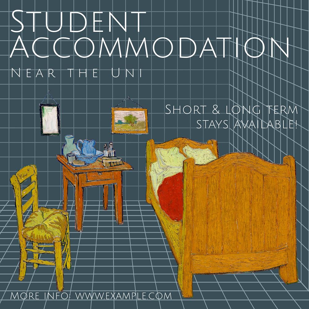 Student accommodation Instagram post template, famous Van Gogh's The Bedroom illustration, remixed by rawpixel.