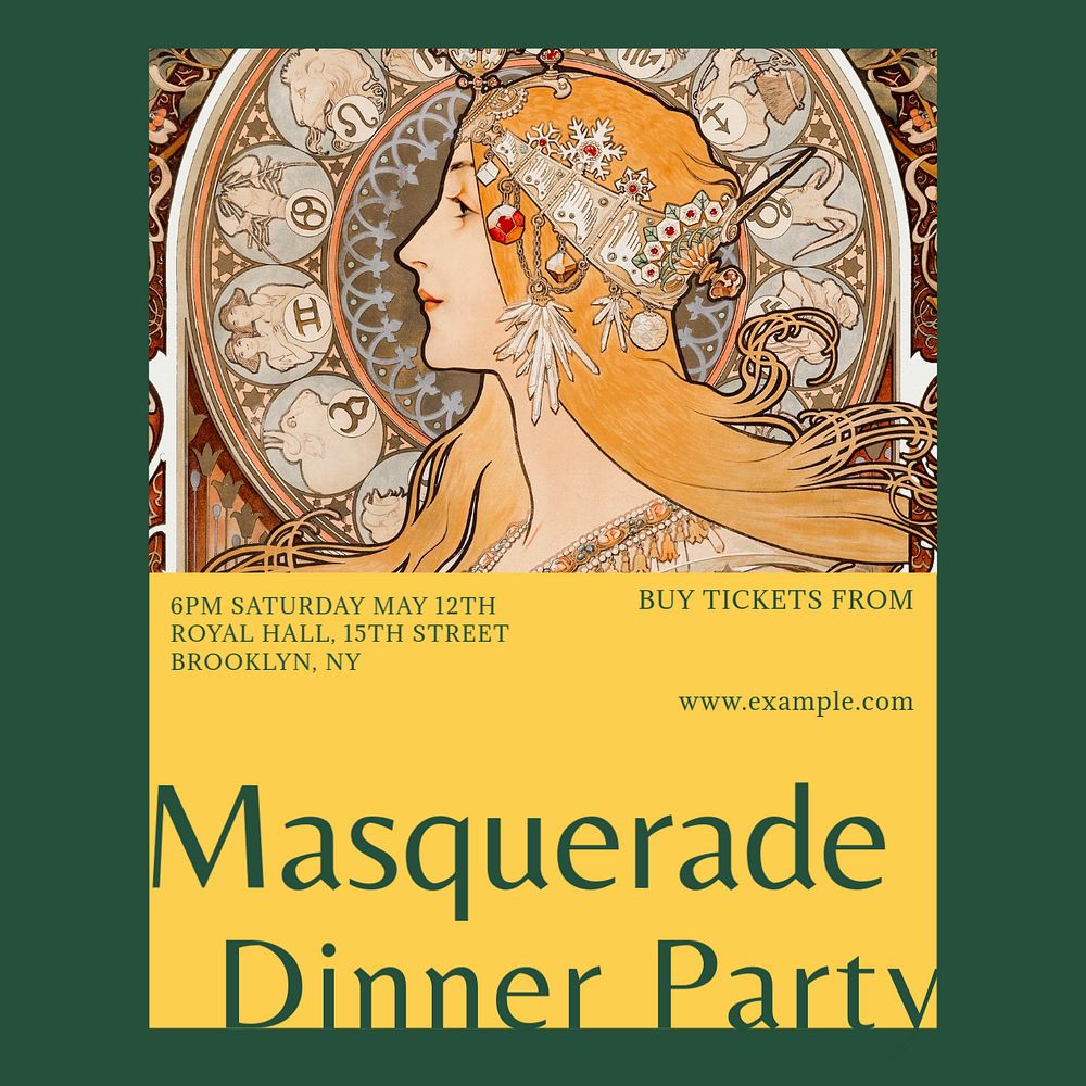 Masquerade dinner party Instagram post template, editable design