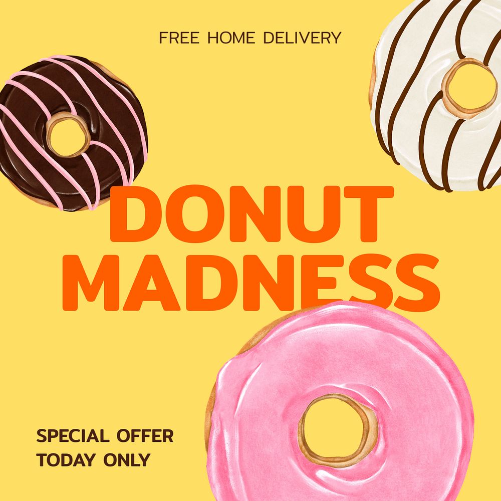 Donut madness Instagram post template, dessert business ad