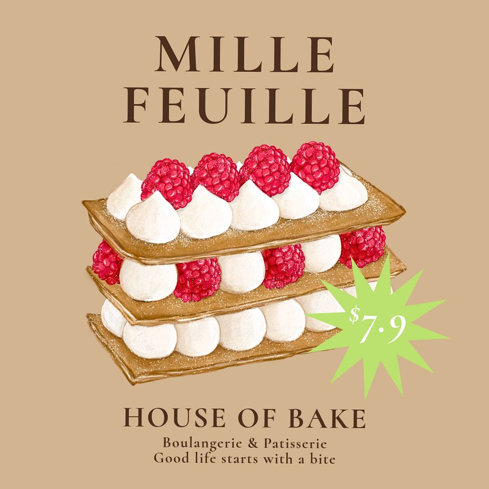 French pastry Instagram post template, mille feuille illustration