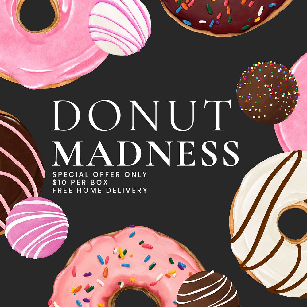 Donut madness Instagram post template, dessert shop ad