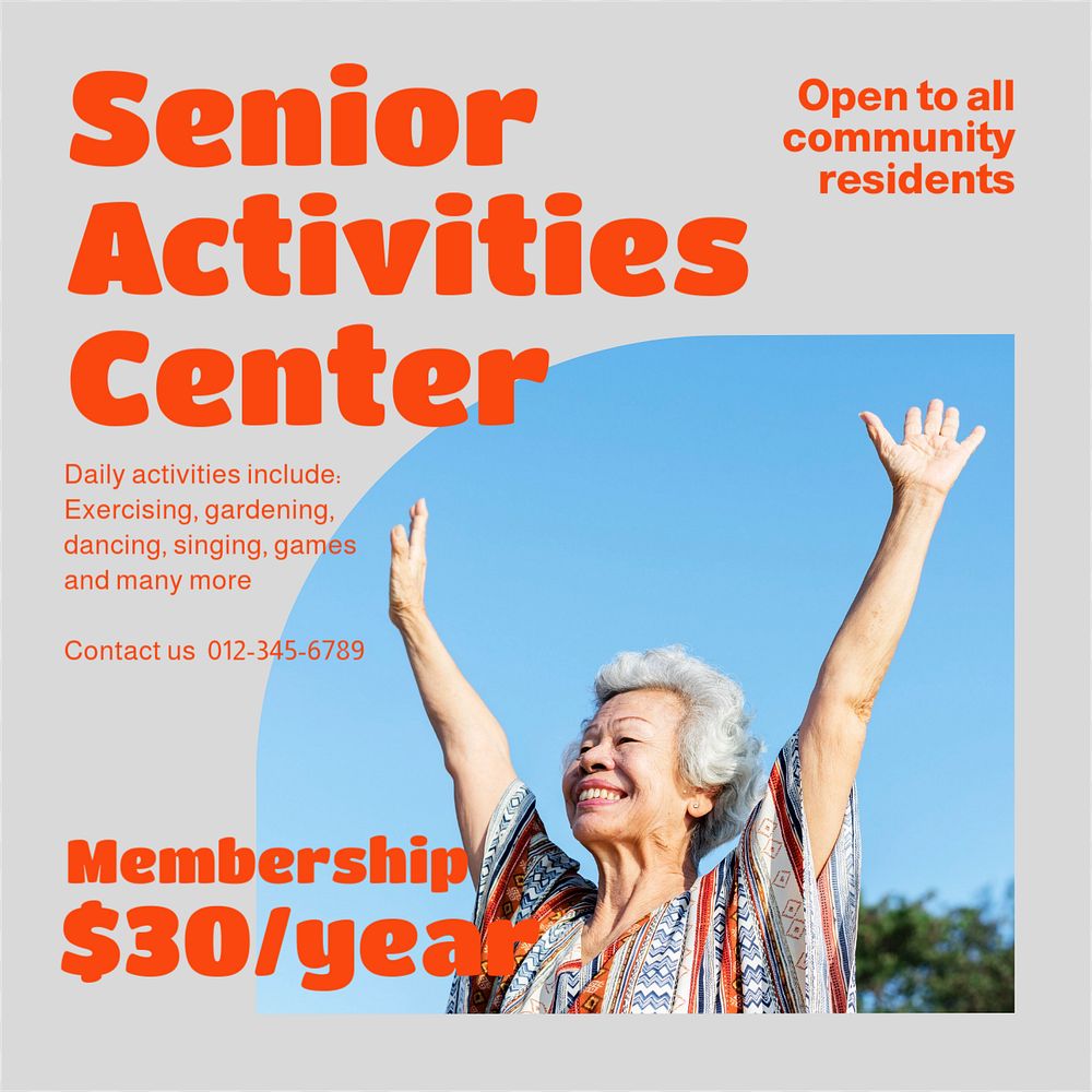 Senior activities center Instagram ad template, editable text