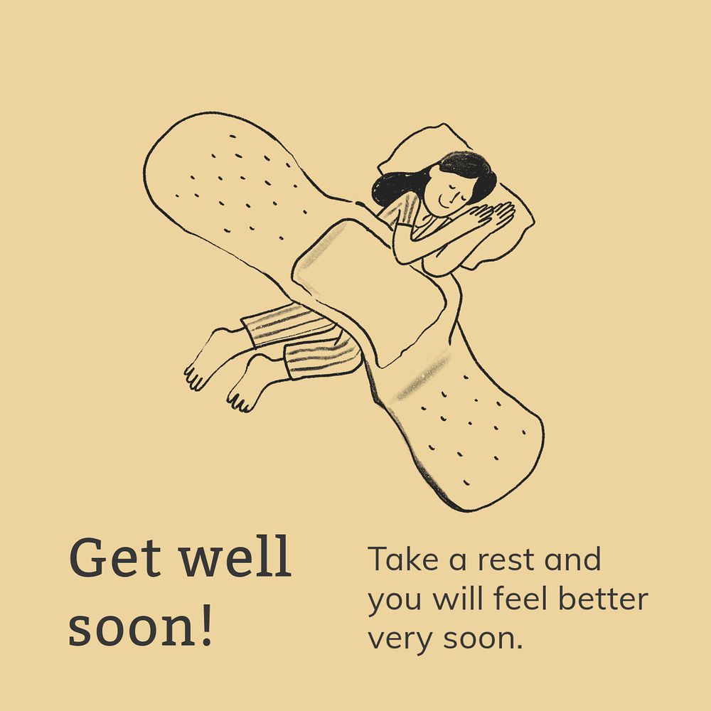 Health doodle Instagram post template, get well soon text