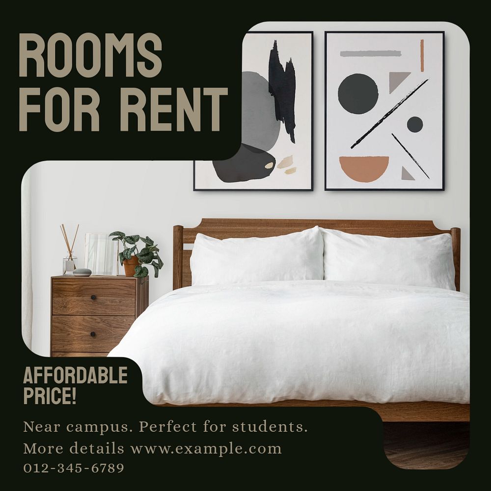 Rooms for rent Instagram ad template, editable text